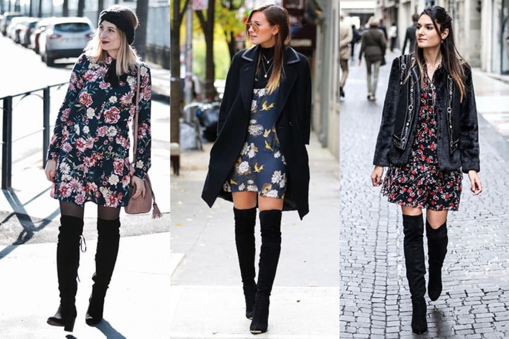 Thigh-high boots with short floral dresses