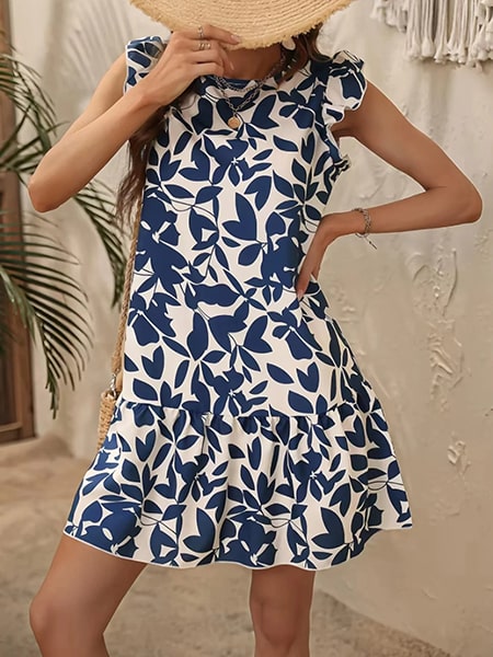 White and Blue Floral Short Dress - Image 3