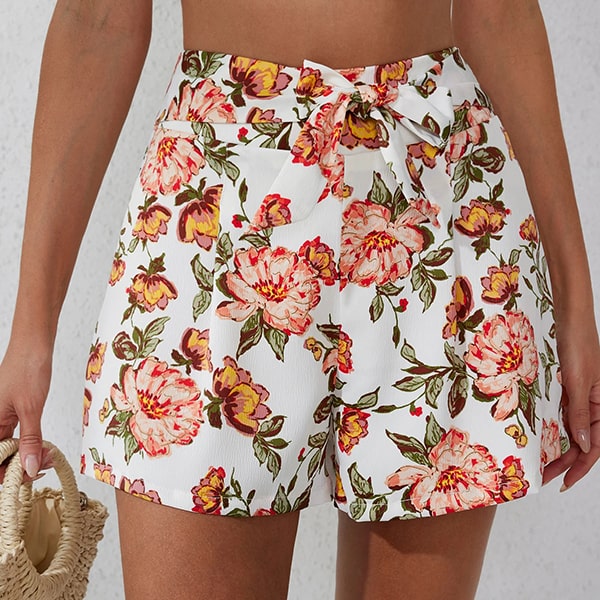 White Floral Print Shorts